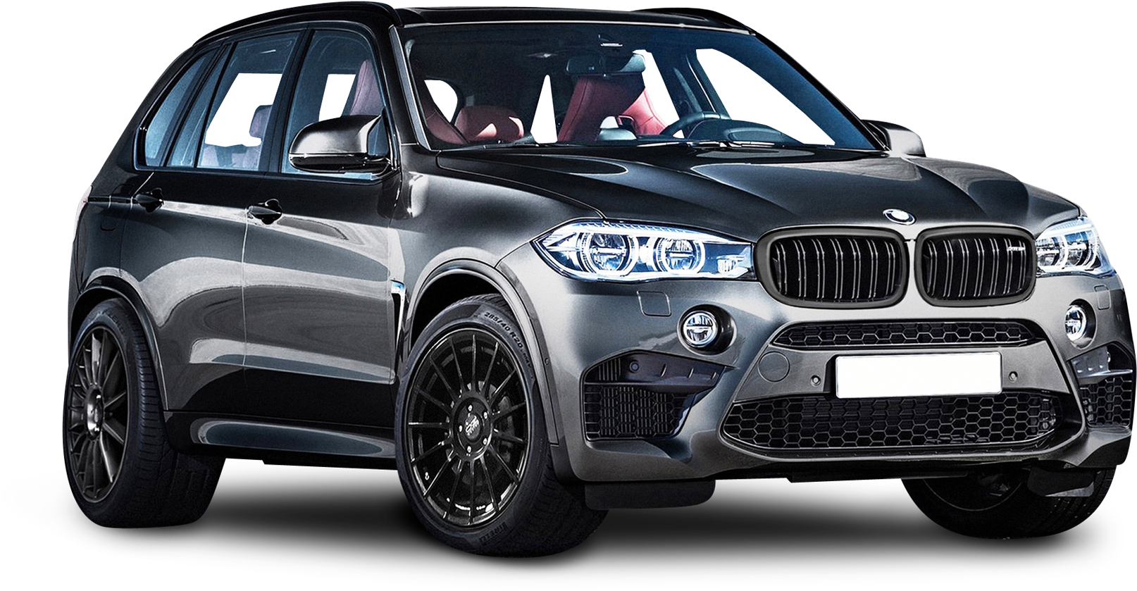 BMW 動圖 桌布 壁紙 — 一輛時尚的消光灰色BMW X5 SUV，配備黑色輪圈和紅色內裝，矗立在純黑色背景前。