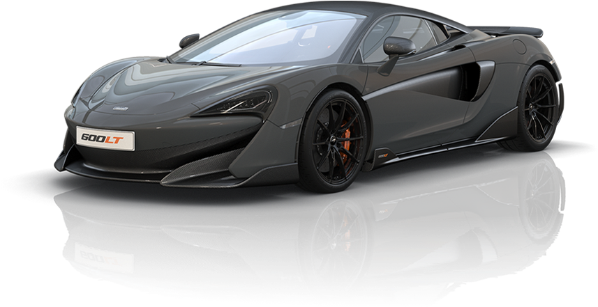 麥拉倫 桌布 壁紙 — 一輛時尚的消光灰色McLaren 600LT跑車，配備黑色輪圈和橙色煞車卡鉗，完美倒映在光亮的黑色表面上。
