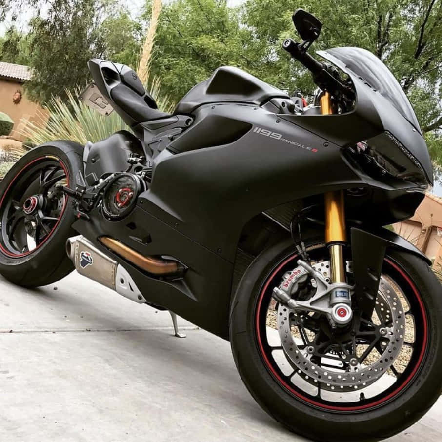  壁紙 — 一輛時尚的消光黑色杜卡迪 Panigale V4 摩托車，配備金色前叉和紅色點綴，停在混凝土車道上，周圍綠樹成蔭。
