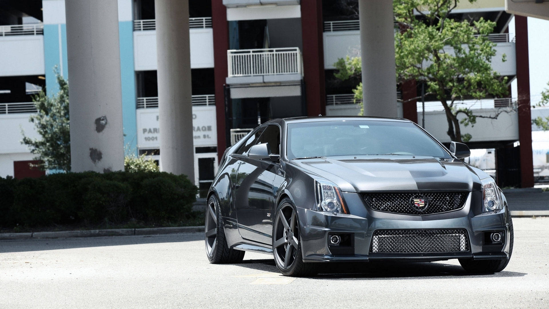 凱迪拉克 iPhone 桌布 壁紙 — 一輛時尚的深灰色 Cadillac CTS-V 雙門跑車停放在現代化停車場前，周圍有綠樹和明亮的日光。
