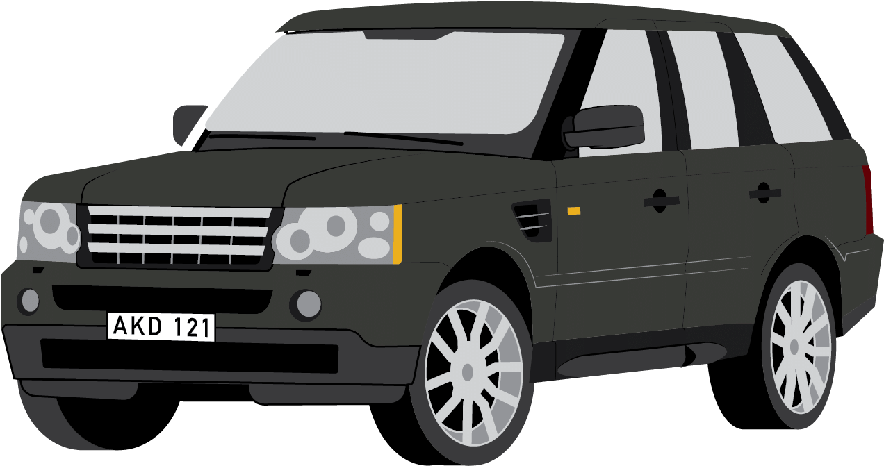荒原路華 桌布 壁紙 — 一輛時尚的深灰色 Range Rover SUV，配備銀色輪圈和黃色門把手裝飾，在黑色背景上以側面展示。
