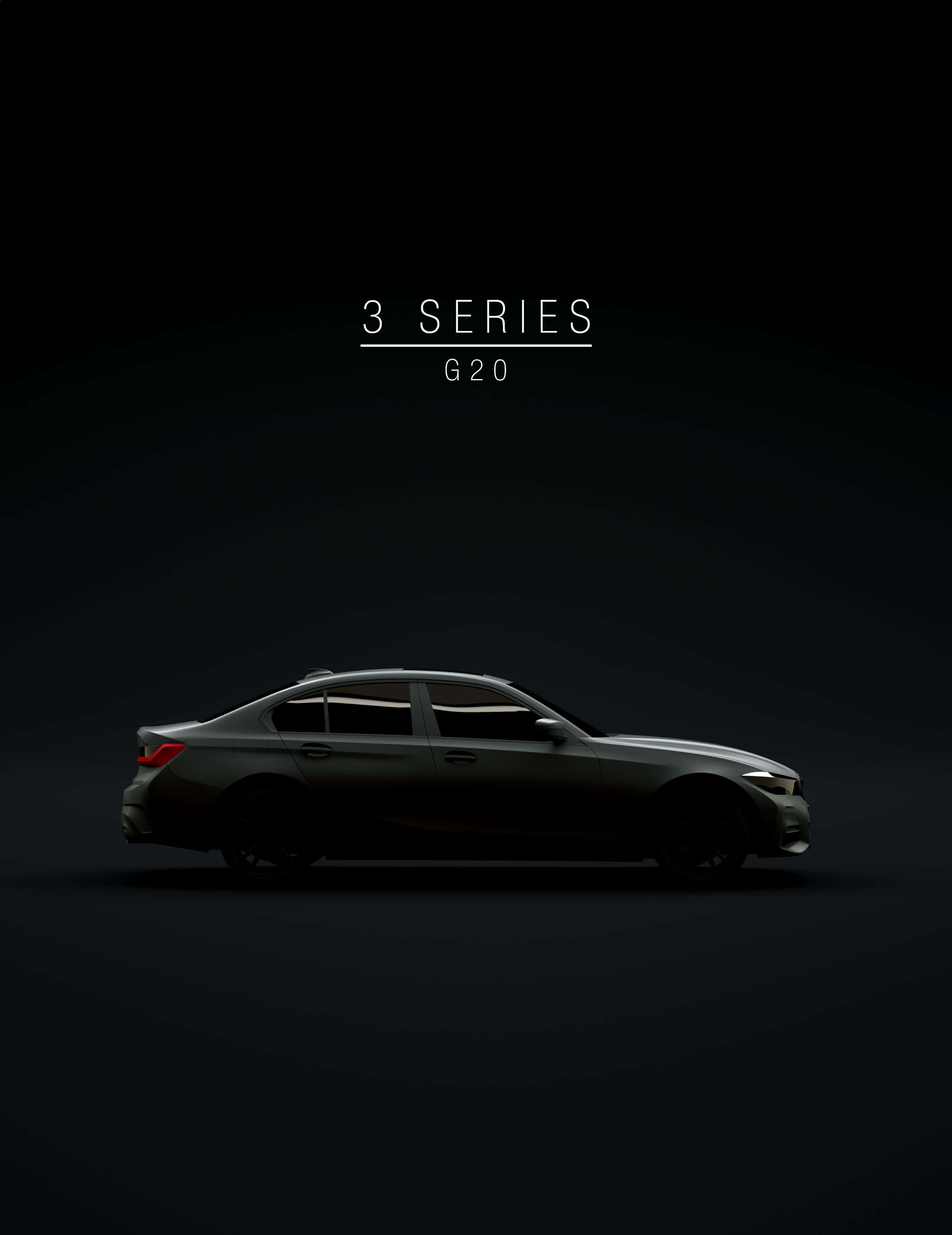Minimalist Car 桌布 壁紙 — 一輛時尚的深灰色BMW 3系列G20轎車，側面展示在漸變黑色背景上，上方有白色文字。