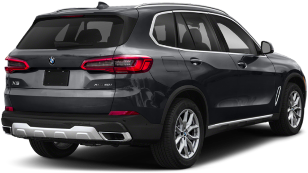 BMW 動圖 桌布 壁紙 — 一輛時尚的深灰色BMW X5 SUV，從後方四分之三角度展示，帶有鍍鉻飾條和紅色尾燈。