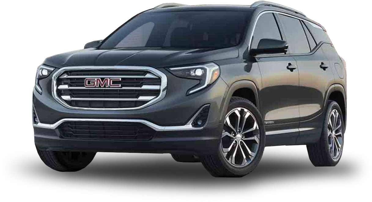 GMC 桌布 壁紙 — 一輛時尚的深灰色GMC Terrain SUV以四分之三視角展示，黑色背景，帶有鍍鉻飾邊和合金輪圈。