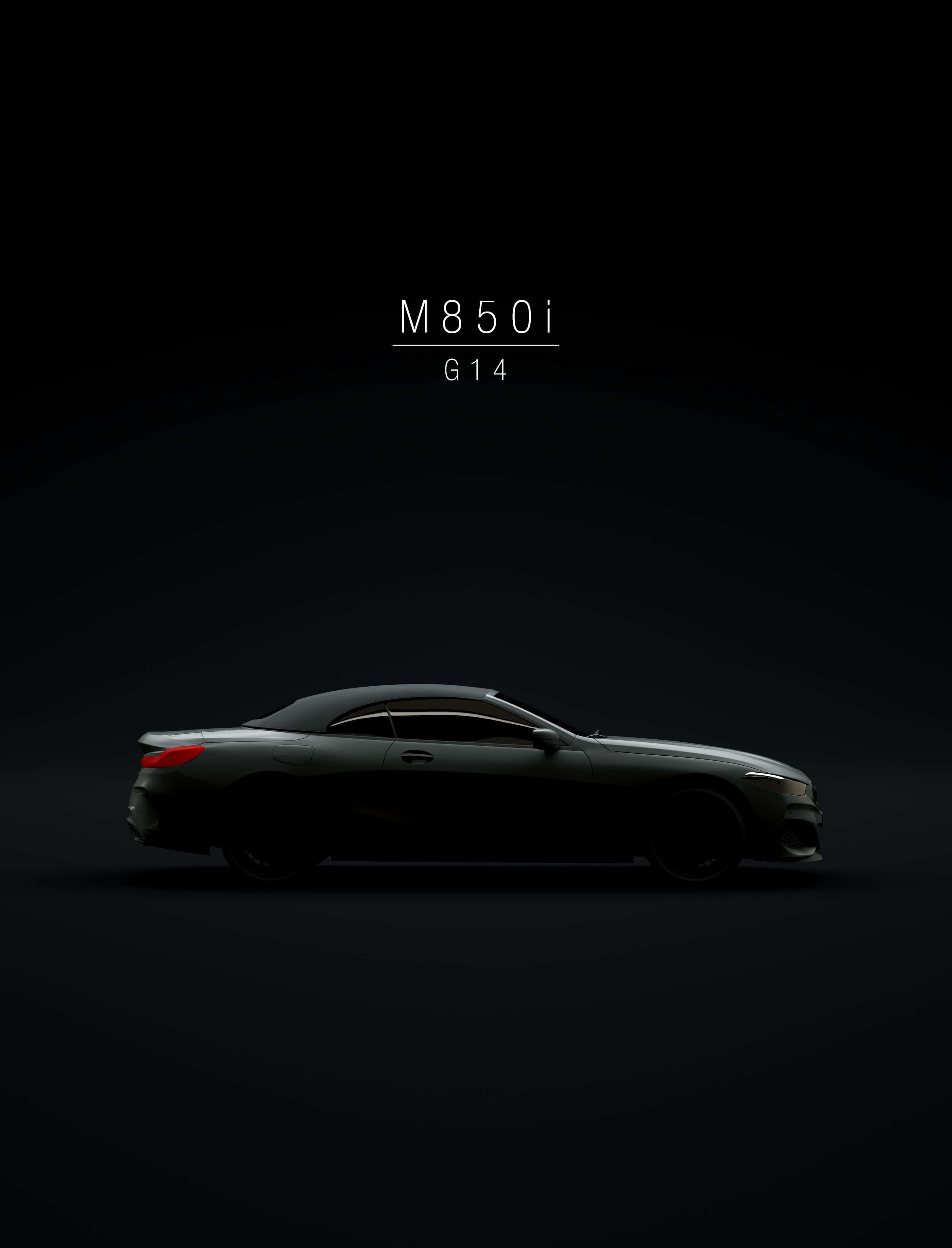 Minimalist Car 桌布 壁紙 — 一輛時尚的深綠色BMW M850i G14轎跑車在漸變黑色工作室背景上微微發光，並帶有極簡文字疊加。
