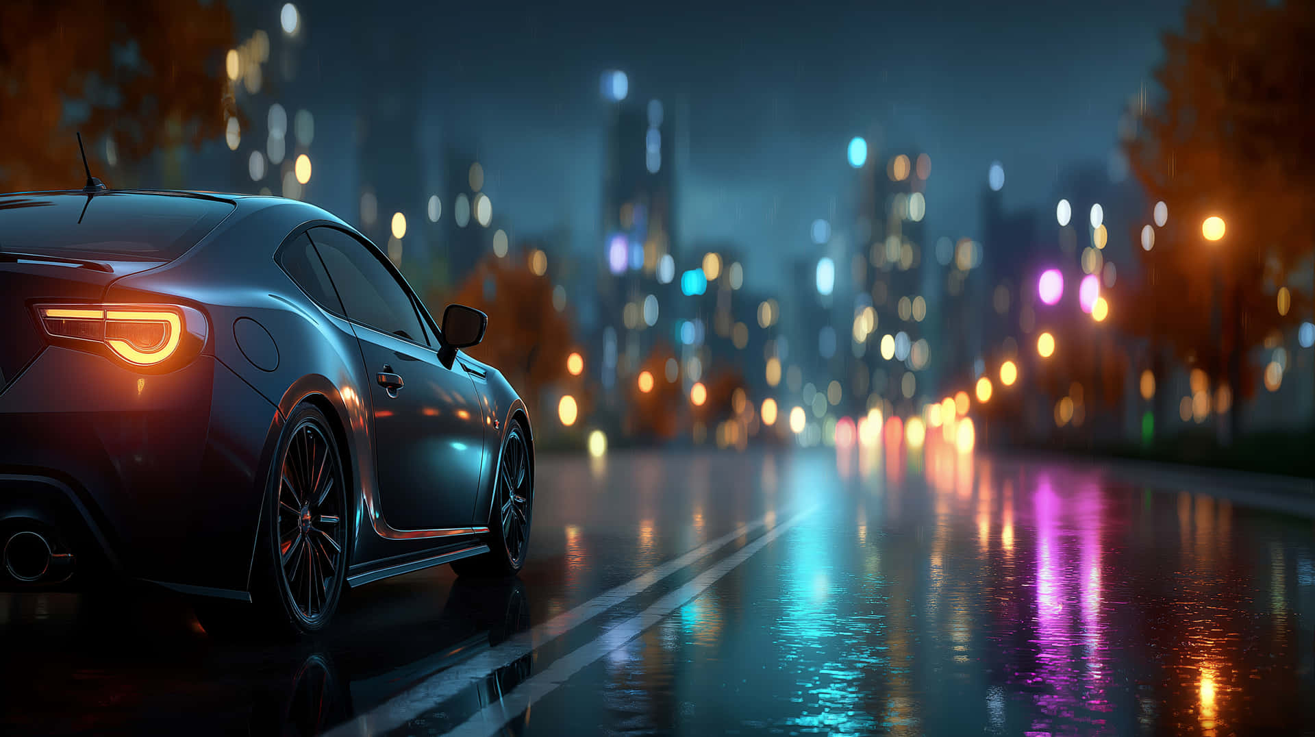 Rainy City Drive with Vibrant Urban Reflections 壁紙 — 一輛時尚的深色跑車在濕滑的街道上滑行，霓虹燈光在濕漉漉的路面上反射。