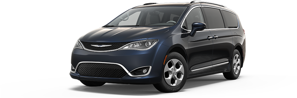 克萊斯勒 桌布 壁紙 — 一輛時尚的深藍色 Chrysler Pacifica 小型貨車在攝影棚燈光下以黑色背景展示。