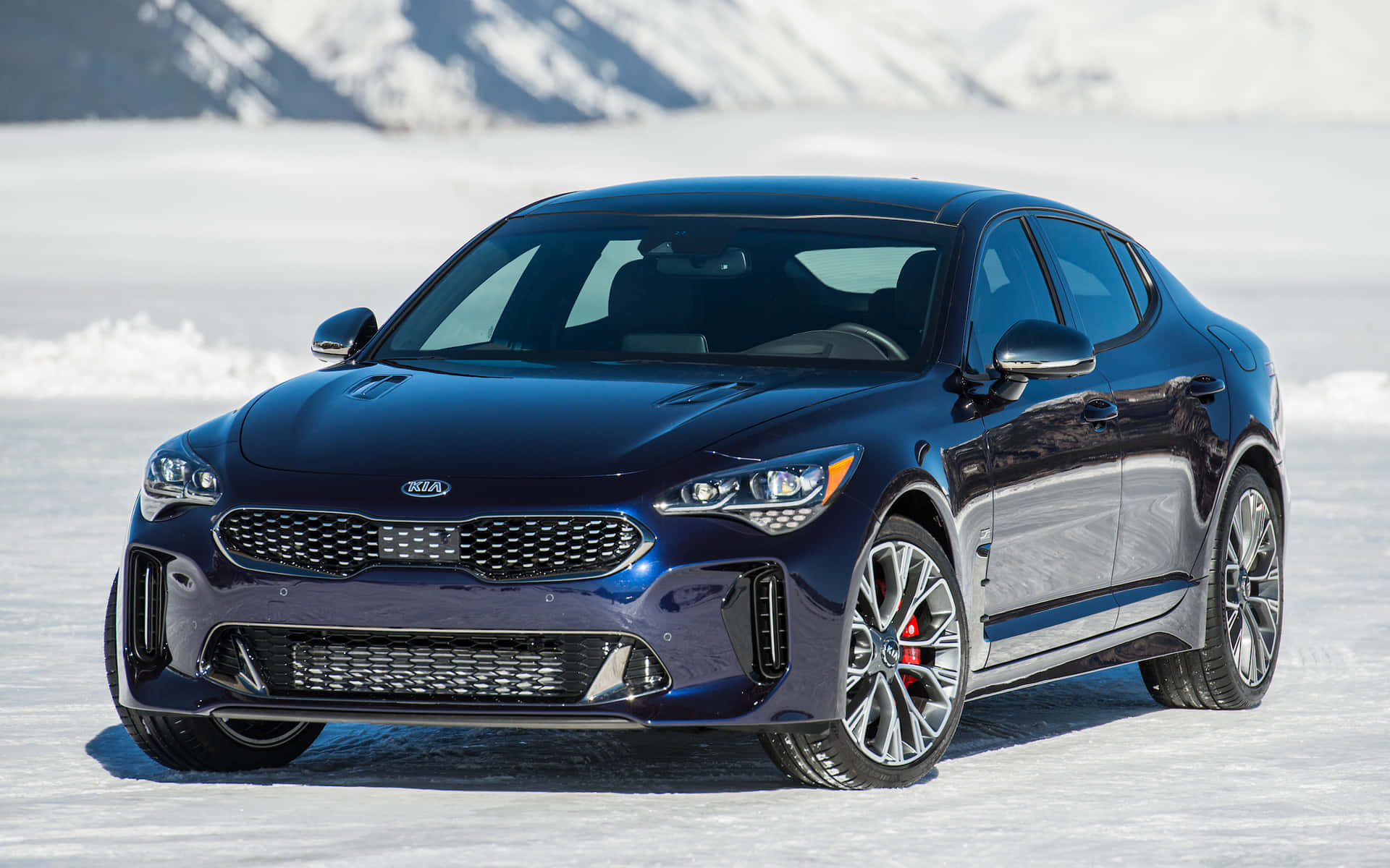Kia Stinger 桌布 壁紙 — 一輛時尚的深藍色Kia Stinger運動轎車在雪地上閃閃發光，背景是白雪覆蓋的山脈。