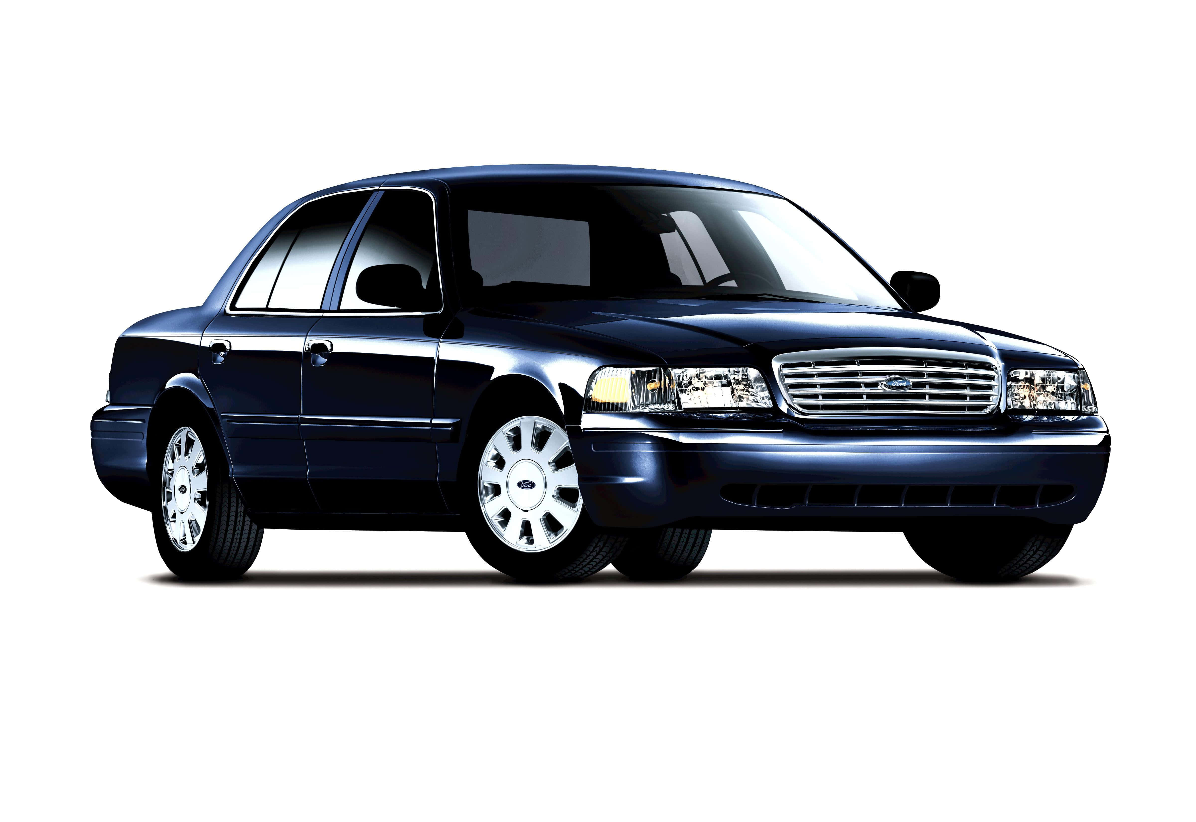 Ford Crown Victoria 桌布 壁紙 — 一輛時尚的深藍色福特轎車，在乾淨的白色背景上以側面輪廓呈現，帶有微妙的陰影。