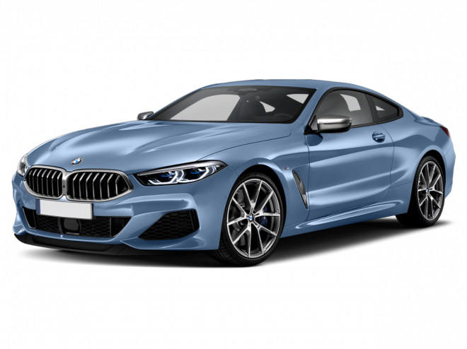 BMW 動圖 桌布 壁紙 — 一輛時尚的淺藍色BMW 8系列轎跑車在純黑色背景下的攝影棚燈光中閃耀。
