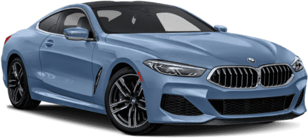 BMW 動圖 桌布 壁紙 — 一輛時尚的淺藍色BMW 8系轎跑車，帶有黑色飾邊和合金輪圈，在攝影棚燈光下展示。