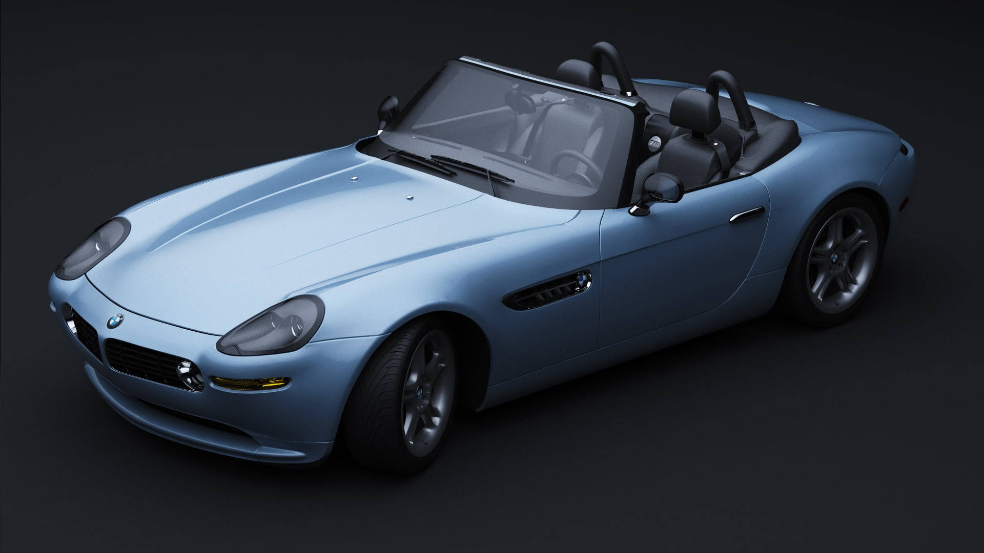 Cool Car 桌布 壁紙 — 一輛時尚的淺藍色BMW Z8敞篷跑車，配備黑色內裝和銀色輪圈，在昏暗的攝影棚環境中展示。