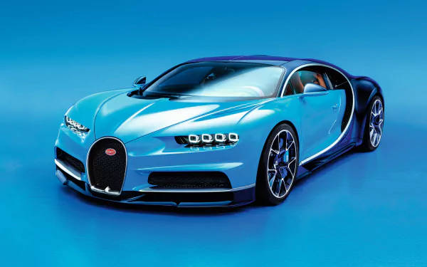 淺藍色Bugatti Chiron跑車，車門敞開，在藍色攝影棚背景上。 — 4K 壁紙