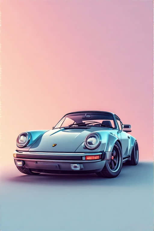 Minimalist Porsche 911 Pastel Portrait Elegant 4K Portrait 壁紙 — 一輛時尚的淺藍色經典保時捷911，配備圓形頭燈和黑色輪圈，居中站立在柔和的粉藍漸變背景前。