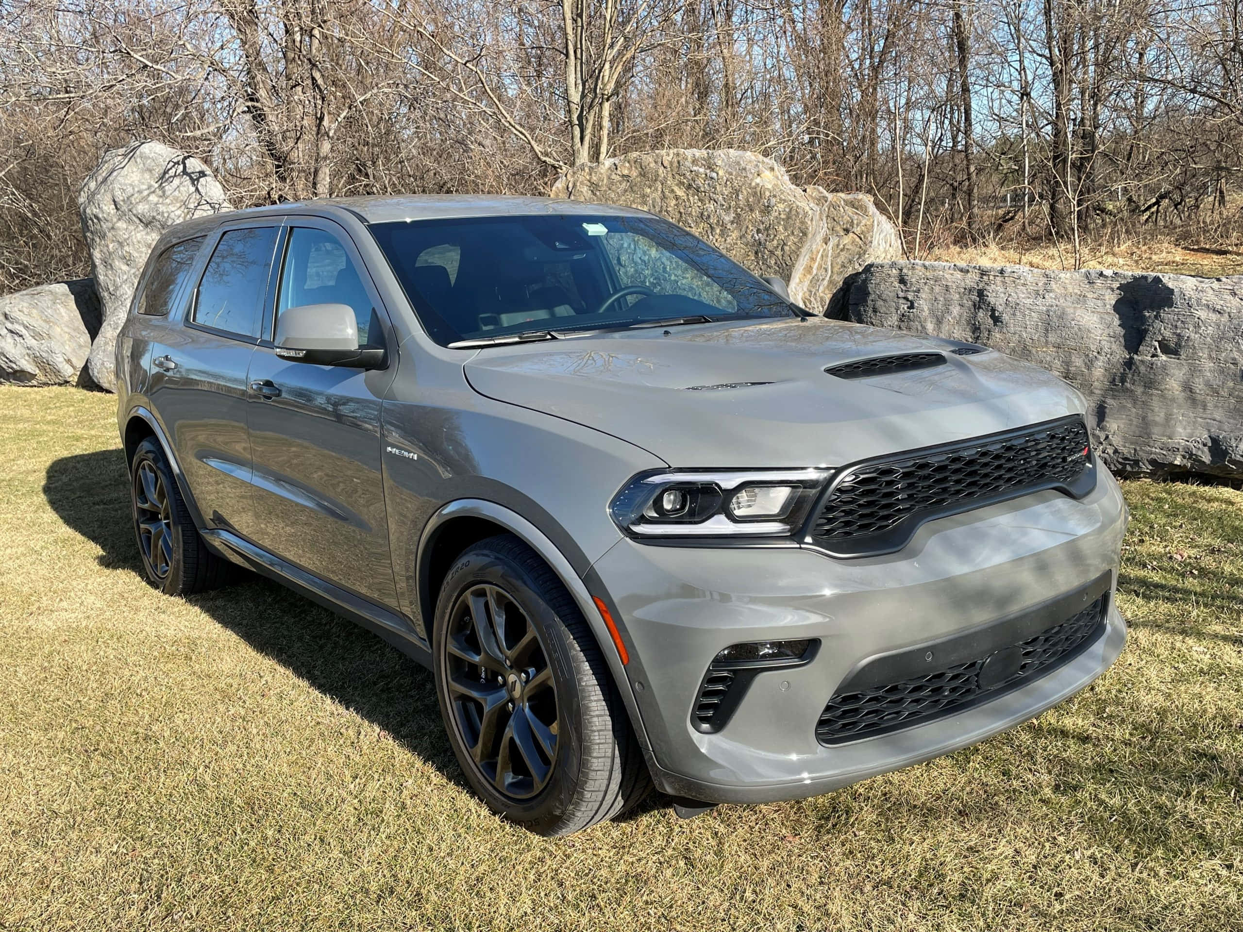 道奇 桌布 壁紙 — 一輛時尚的灰色 Dodge Durango SUV 停泊在草地上，旁邊有大石頭，背景有光禿禿的樹木，在明亮的日光下。