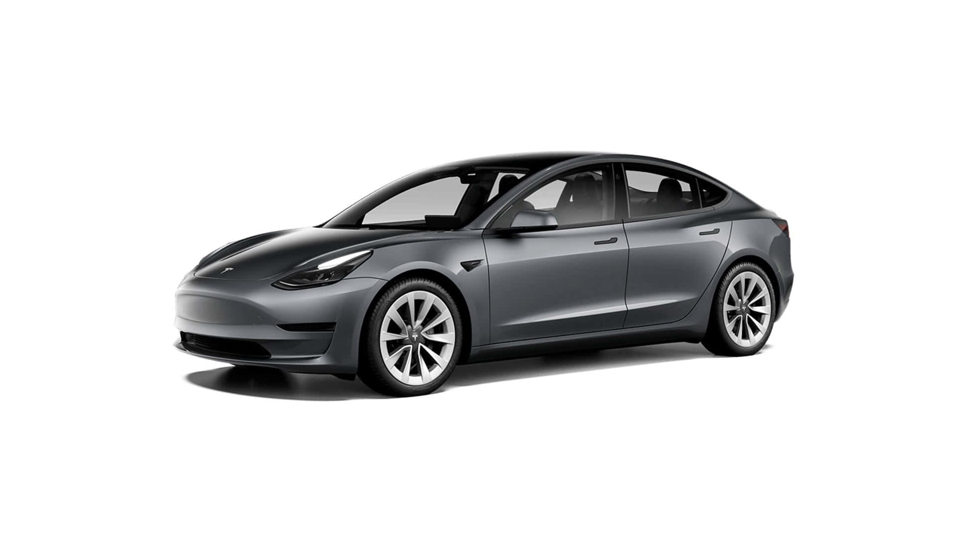Silver Metallic 桌布 壁紙 — 一輛時尚的灰色 Tesla Model 3 轎車，在乾淨的白色背景上以側面輪廓呈現，帶有柔和陰影。