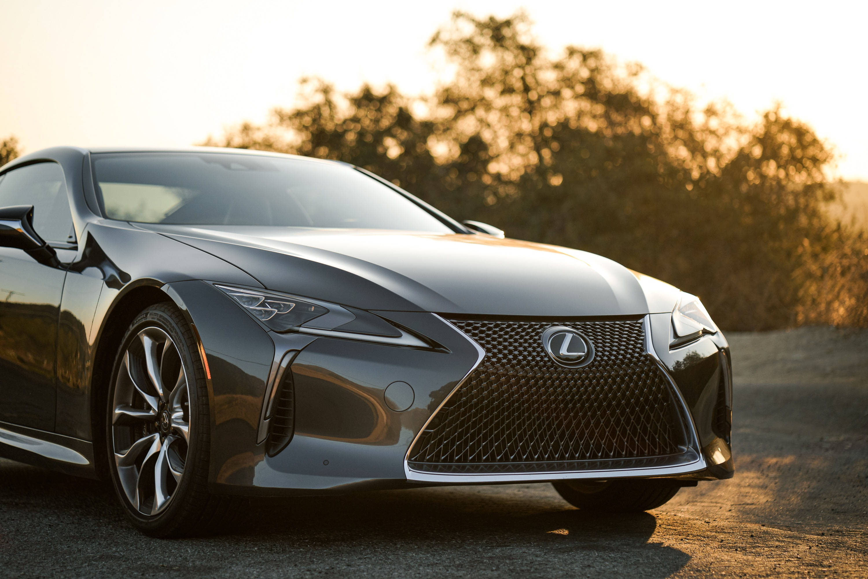 Lexus 桌布 壁紙 — 一輛時尚的灰色Lexus跑車在金色日落光線下閃閃發光，背景是模糊的樹木，道路寧靜。
