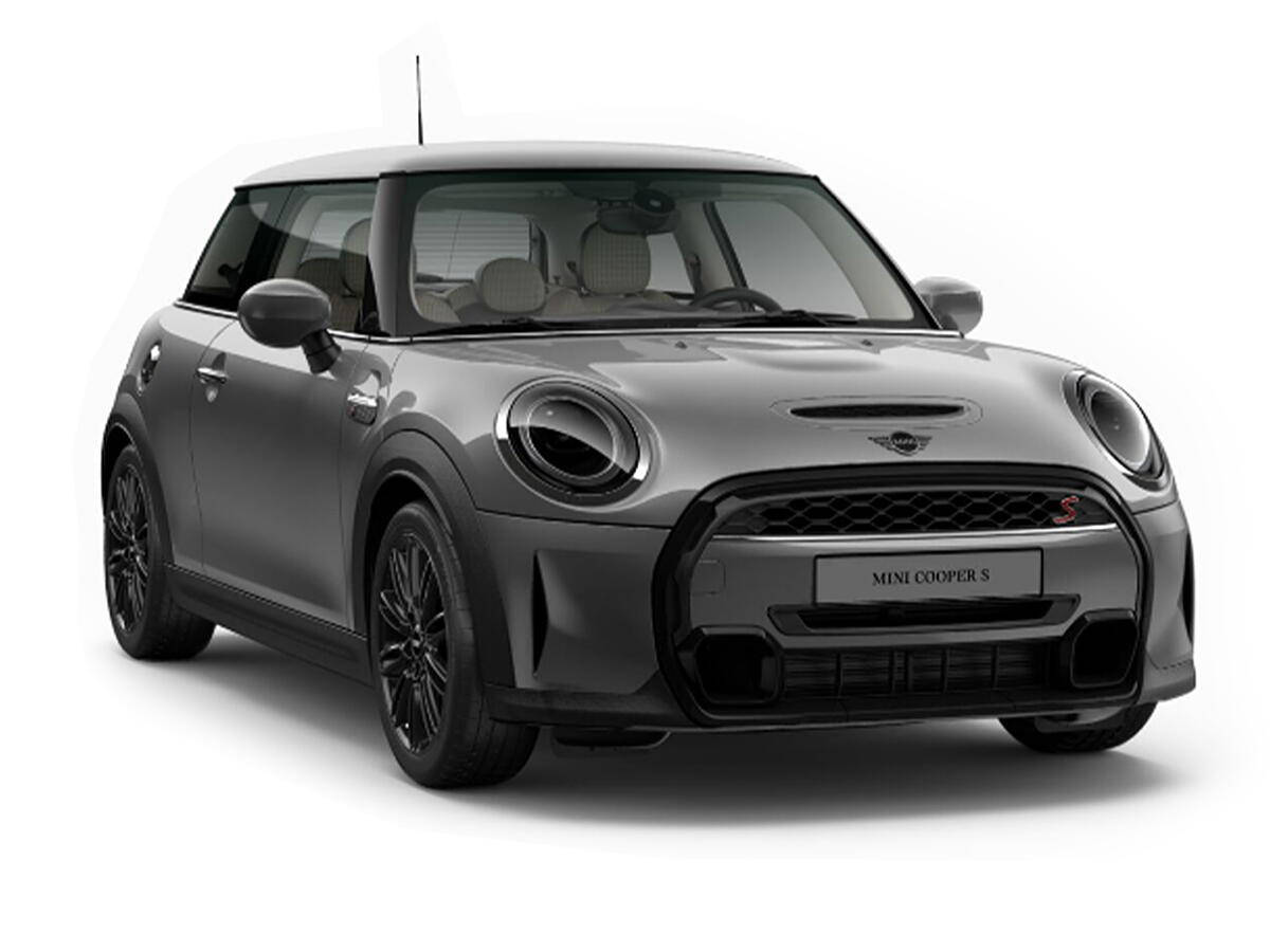 Mini 桌布 壁紙 — 一輛時尚的灰色MINI Cooper S跑車，帶有黑色飾邊和圓形頭燈，在純白色背景上蓄勢待發。