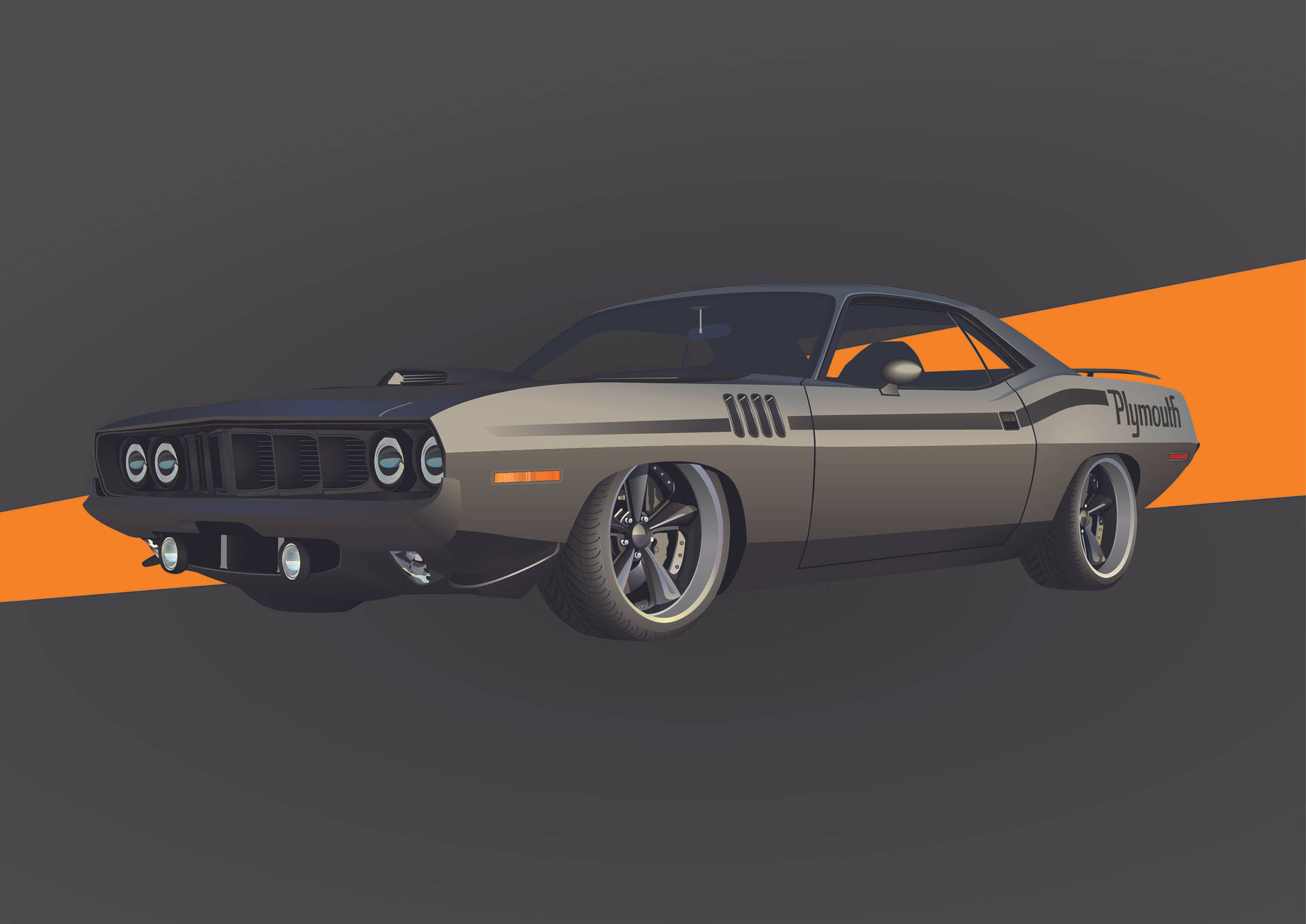 Barracuda 桌布 壁紙 — 一輛時尚的灰色普利茅斯肌肉車，帶有橙色點綴和黑色車輪，在深灰色背景上展示，帶有醒目的橙色對角線條紋。