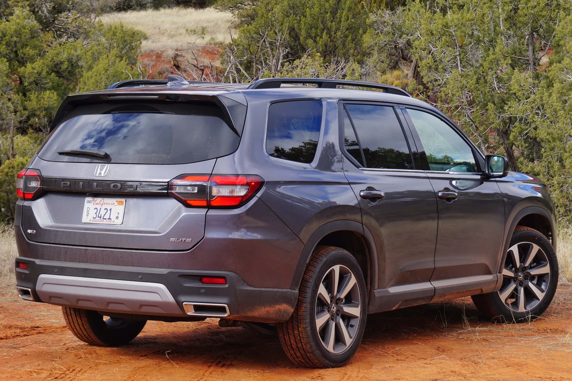 Honda Pilot 桌布 壁紙 — 一輛時尚的灰色本田Pilot Elite SUV停在紅褐色泥土上，周圍是綠色灌木和樹木，在明亮的日光下。