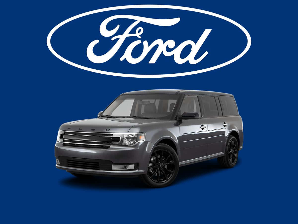Ford Flex 桌布 壁紙 — 一輛時尚的灰色福特Flex SUV搭配黑色輪圈，在標誌性的白色福特橢圓標誌下方，以純藍色背景為襯托。