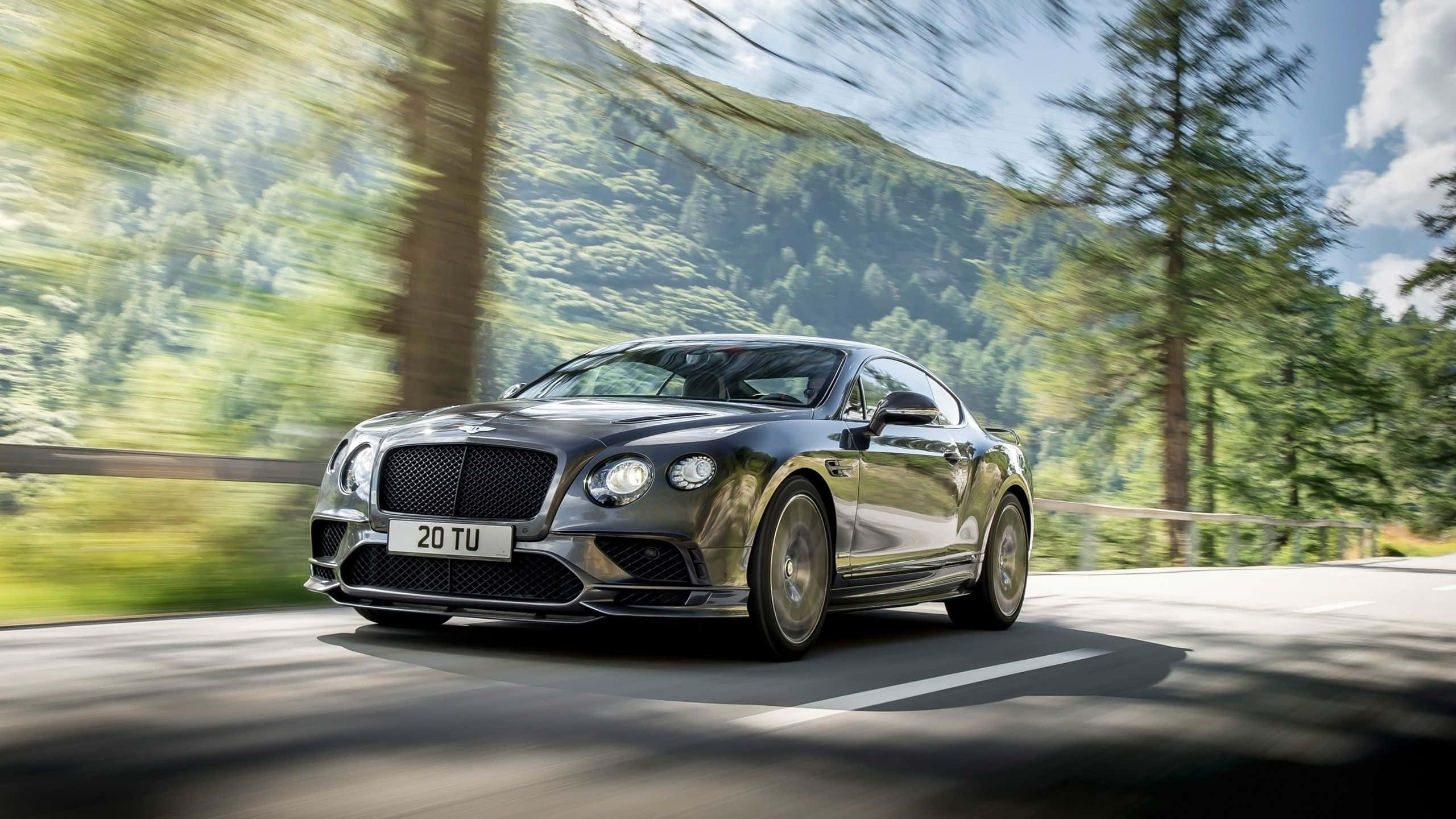 Best Bentley 桌布 壁紙 — 一輛時尚的灰色賓利 Continental GT 在蜿蜒的山路上奔馳，周圍是茂密的綠色森林和高聳的樹木，頭頂是明亮的藍天。