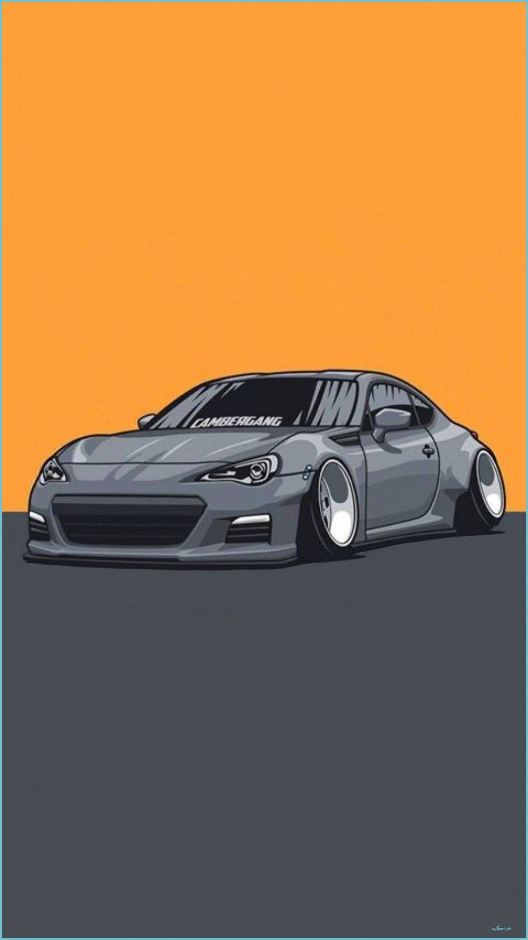 手機 桌布 壁紙 — 一輛時尚的灰色跑車，配備定制車輪和「CAMBERGANG」貼紙，矗立在鮮明的橙色和灰色背景前。