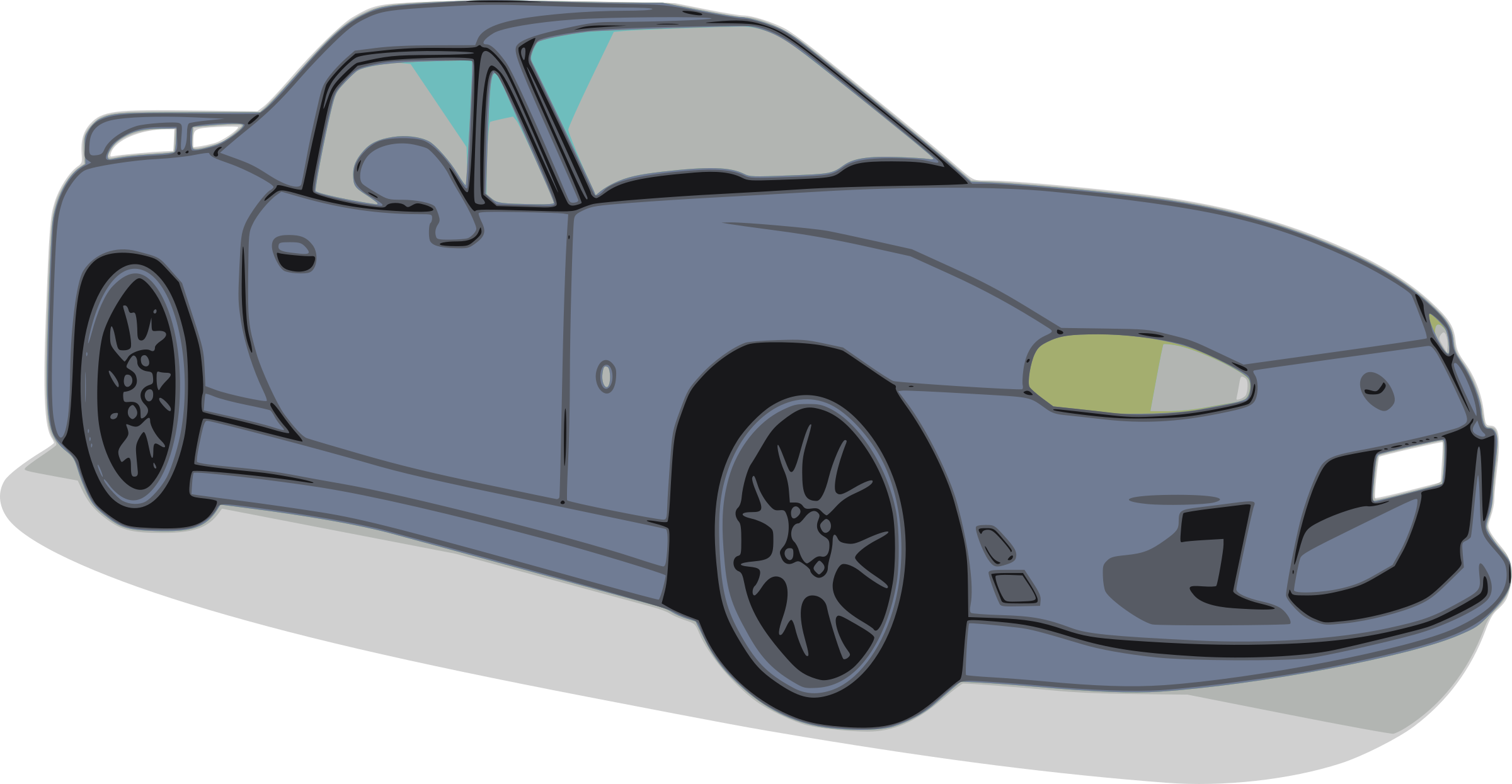 馬自達 桌布 壁紙 — 一輛時尚的灰色跑車，配有黑色輪圈和黃色車頭燈，以風格化插圖顯示在純色背景上。