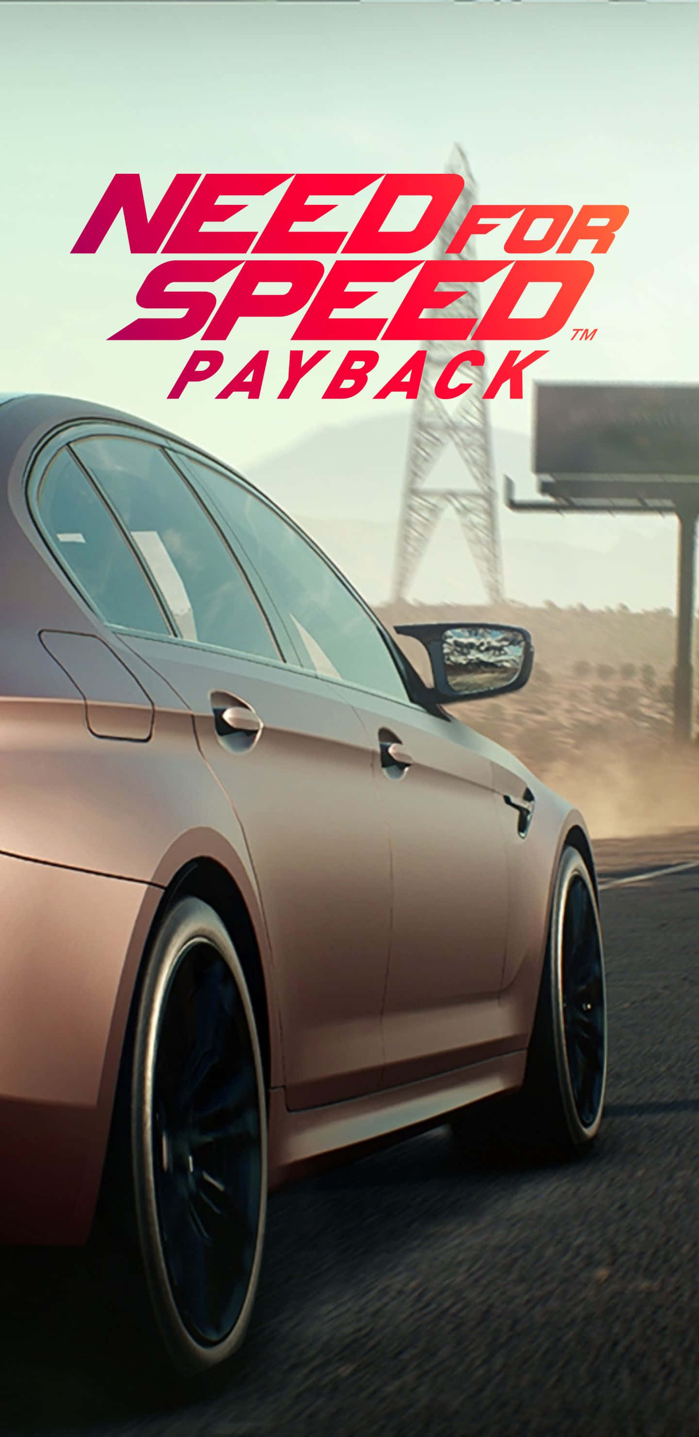 Pixel 3xl Need For Speed Payback 桌布 壁紙 — 一輛時尚的玫瑰金色跑車在塵土飛揚的沙漠高速公路上疾馳，天空朦朧，上方有遊戲標題文字。