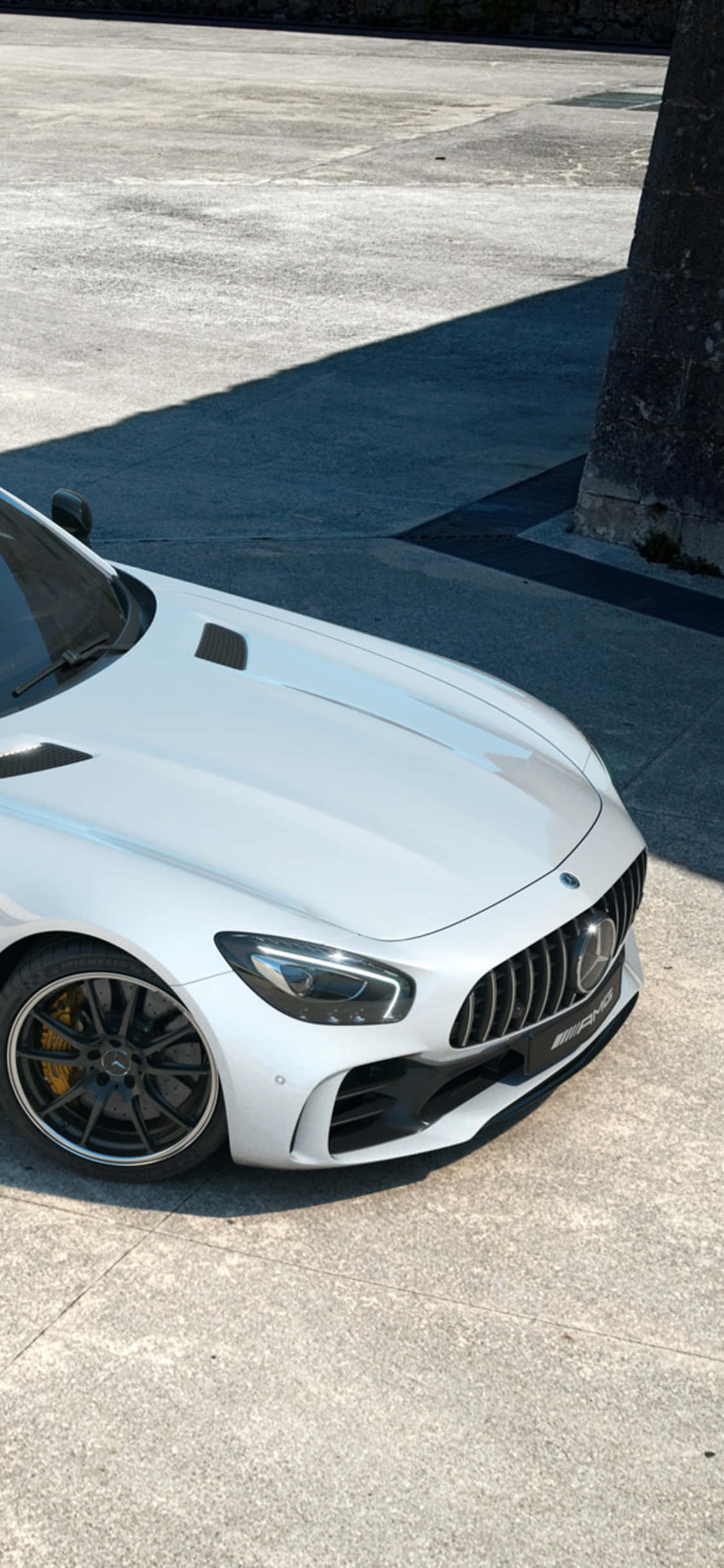 Aerial 桌布 壁紙 — 一輛時尚的白色 Mercedes-AMG GT 停放在混凝土上，陽光普照，附近有樹幹。