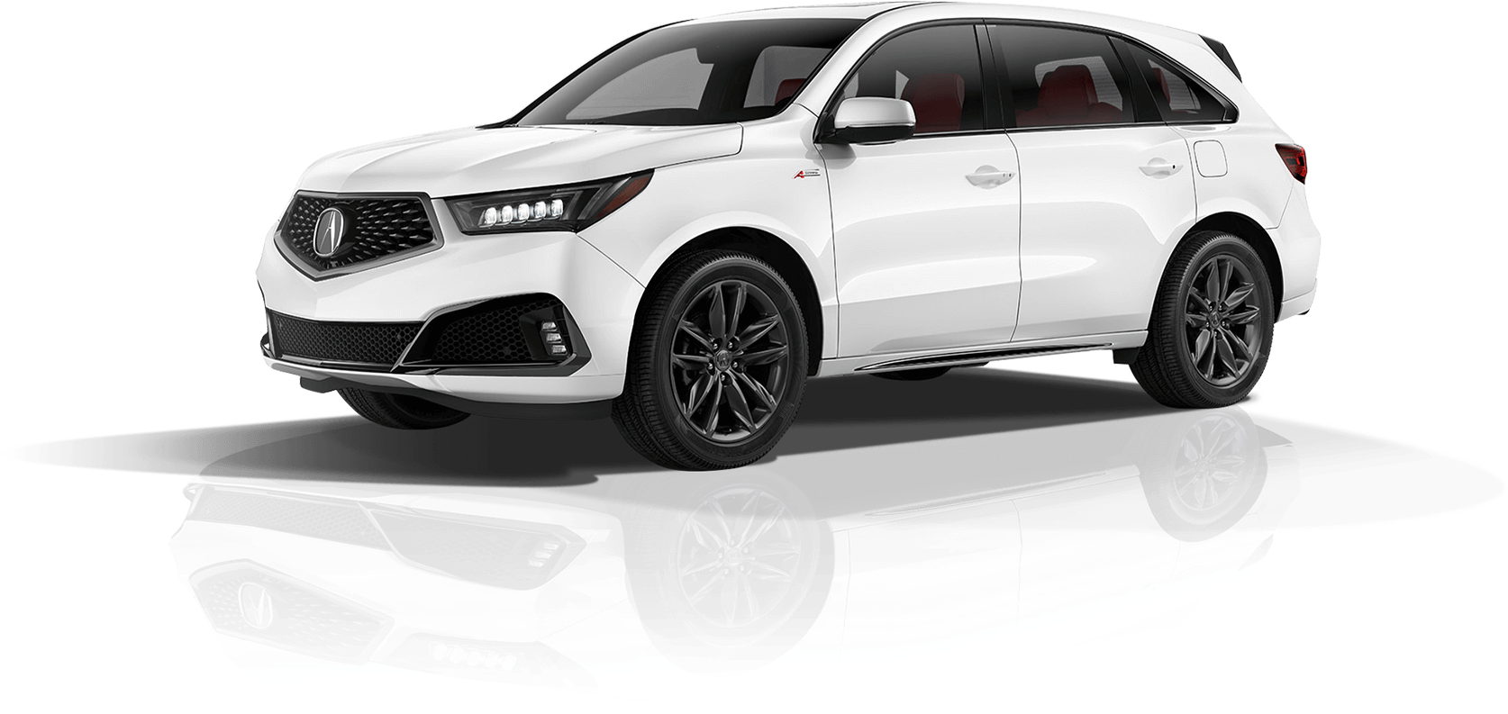 Acura 桌布 壁紙 — 一輛時尚的白色Acura SUV，配備黑色輪圈和紅色內飾，停在帶有風格化反射的亮黑色表面上。