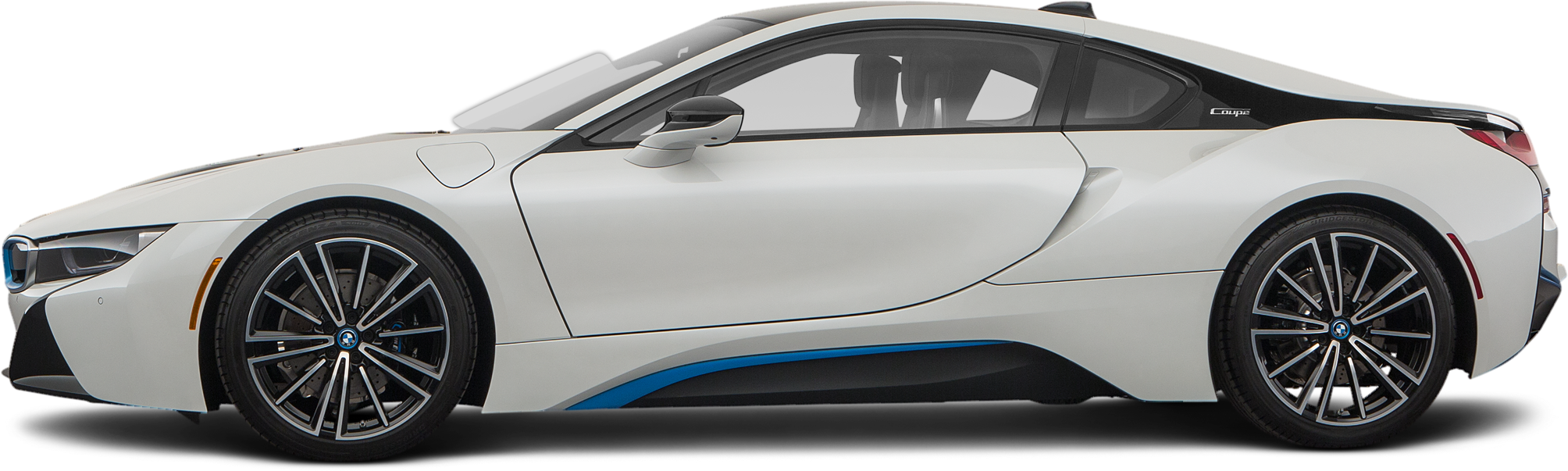 BMW 動圖 桌布 壁紙 — 一輛時尚的白色BMW i8跑車，帶有藍色飾邊和黑色輪圈，在極簡工作室背景前以側面展示。