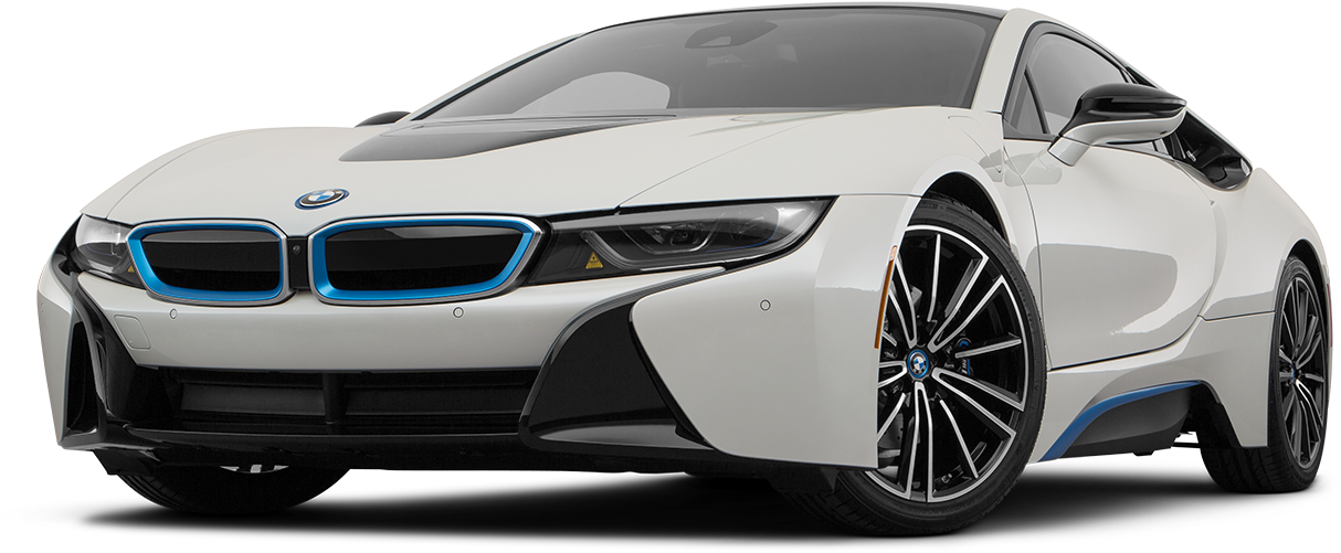 BMW 動圖 桌布 壁紙 — 一輛時尚的白色BMW i8跑車，帶有藍色飾邊和黑色輪圈，在工作室燈光下展示。