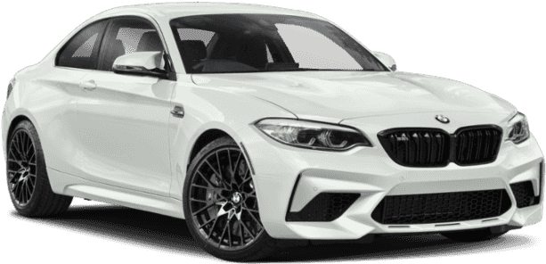 Amg 桌布 壁紙 — 一輛時尚的白色BMW M2雙門轎跑車，配備黑色輪圈和激進的前格柵，在攝影棚燈光下展示。