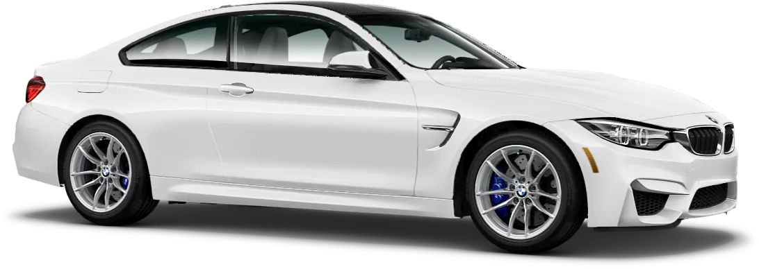 BMW 動圖 桌布 壁紙 — 一輛時尚的白色BMW M4雙門轎跑車，配備藍色制動卡鉗和銀色合金輪圈，在黑色背景上以側面展示。