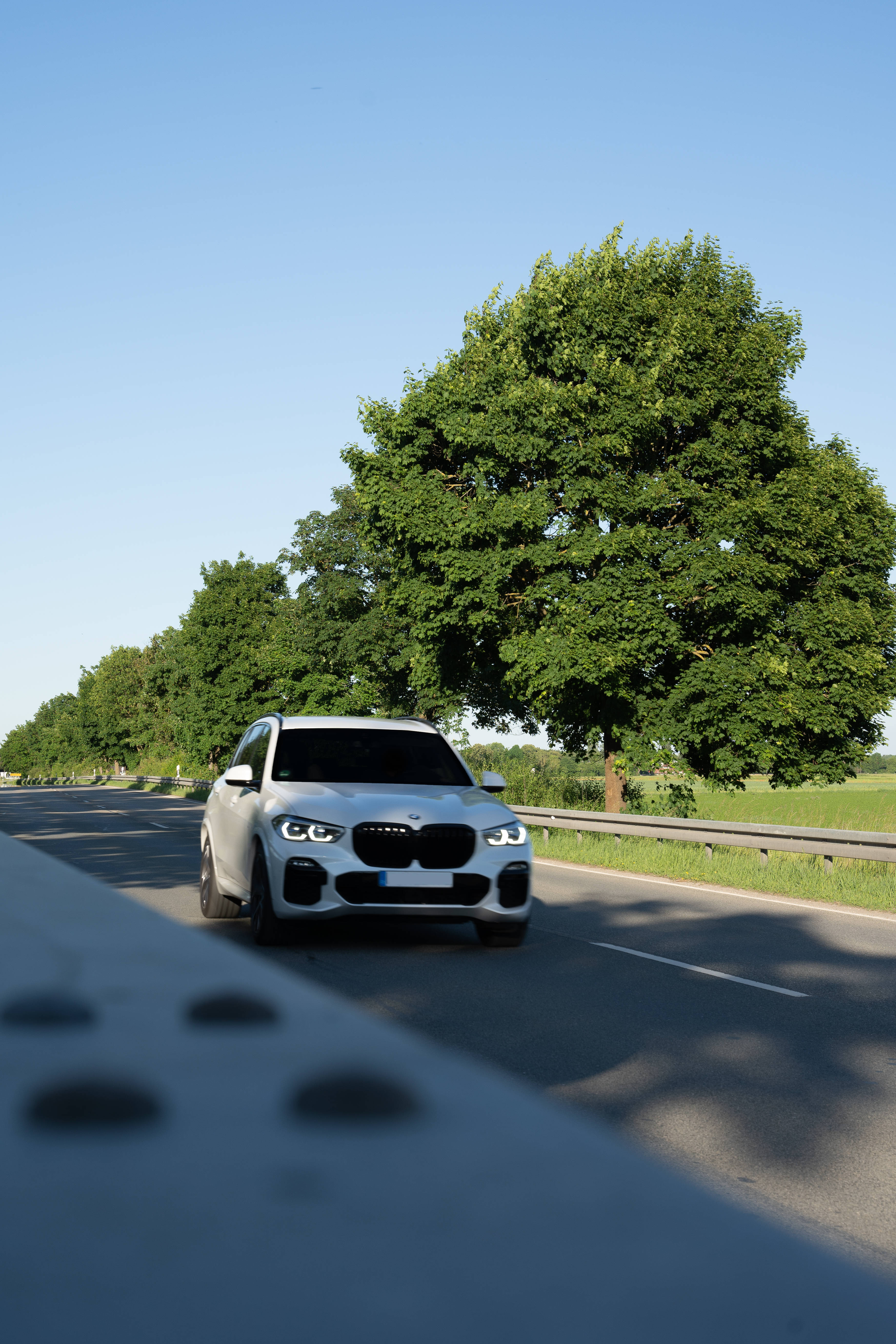 4K BMW 壁紙 桌布 壁紙 — 一輛時尚的白色BMW SUV在陽光明媚的高速公路上行駛，兩旁是茂密的綠樹，頭頂是清澈的藍天。