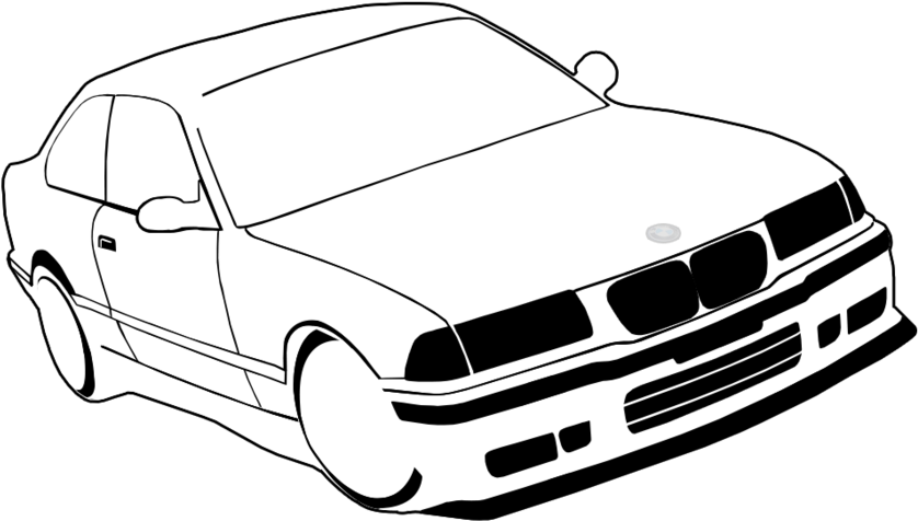 BMW 動圖 桌布 壁紙 — 一輛時尚的白色BMW轎車，以黑色勾勒在純黑色背景上，線條簡潔極簡。