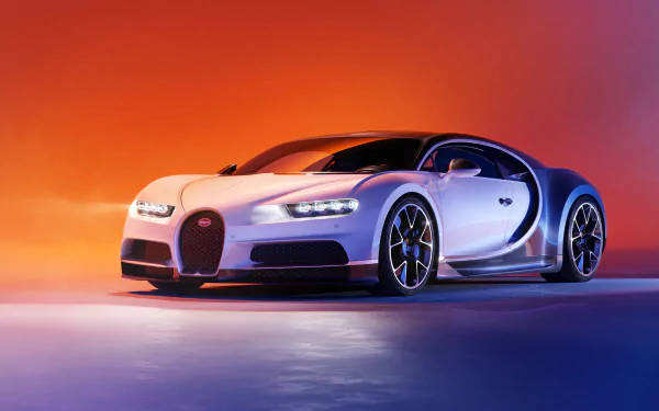 白色Bugatti Chiron跑車在工作室中，配有橙色和藍色燈光。 — 4K 壁紙