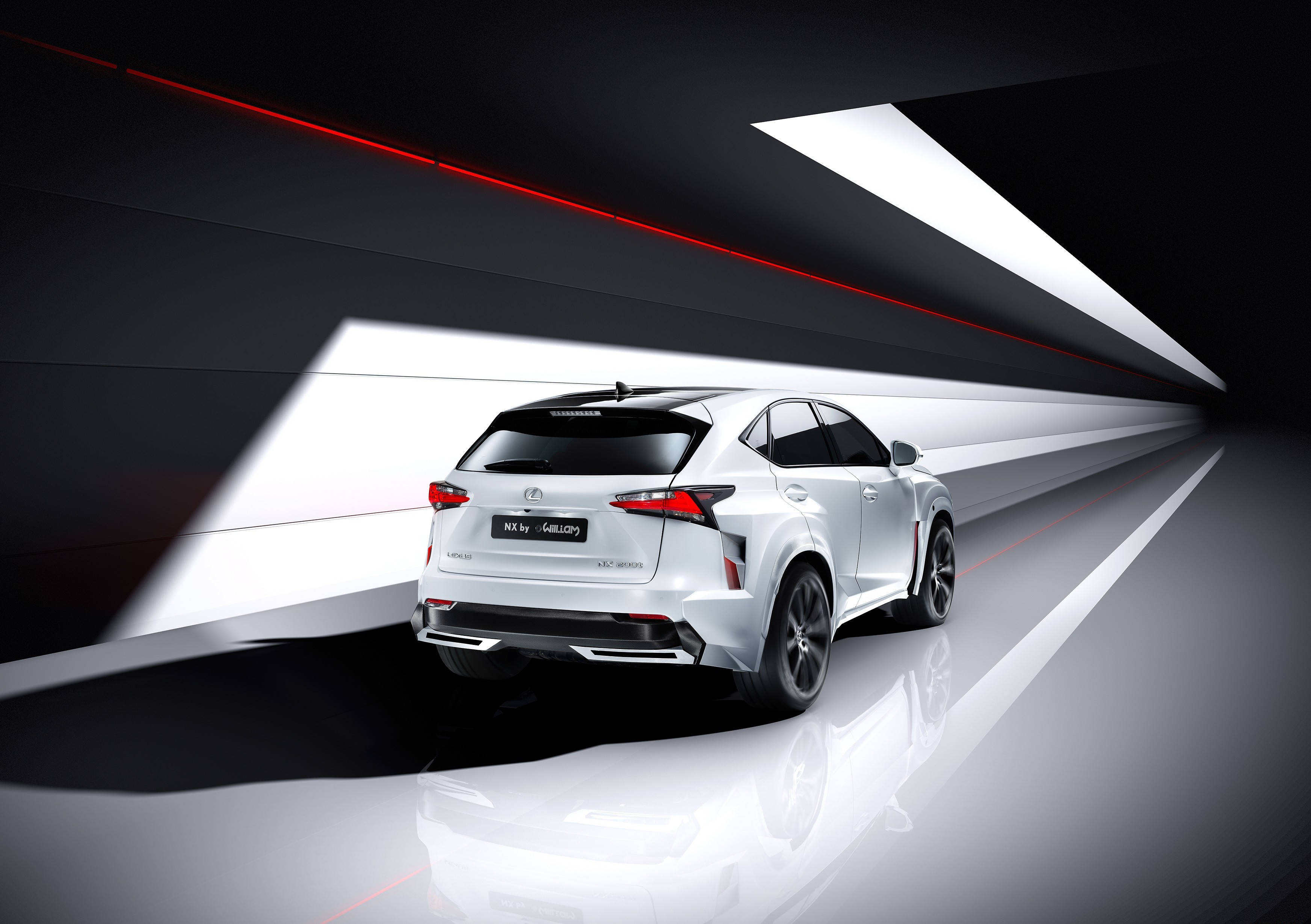 lexus iPhone 桌布 壁紙 — 一輛時尚的白色Lexus NX SUV在未來感隧道中滑行，隧道內有發光的紅色和白色光條。