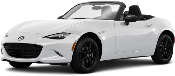 馬自達 桌布 壁紙 — 一輛時尚的白色Mazda MX-5 Miata敞篷跑車，帶有黑色飾邊和軟頂，在透明背景上以側面展示。
