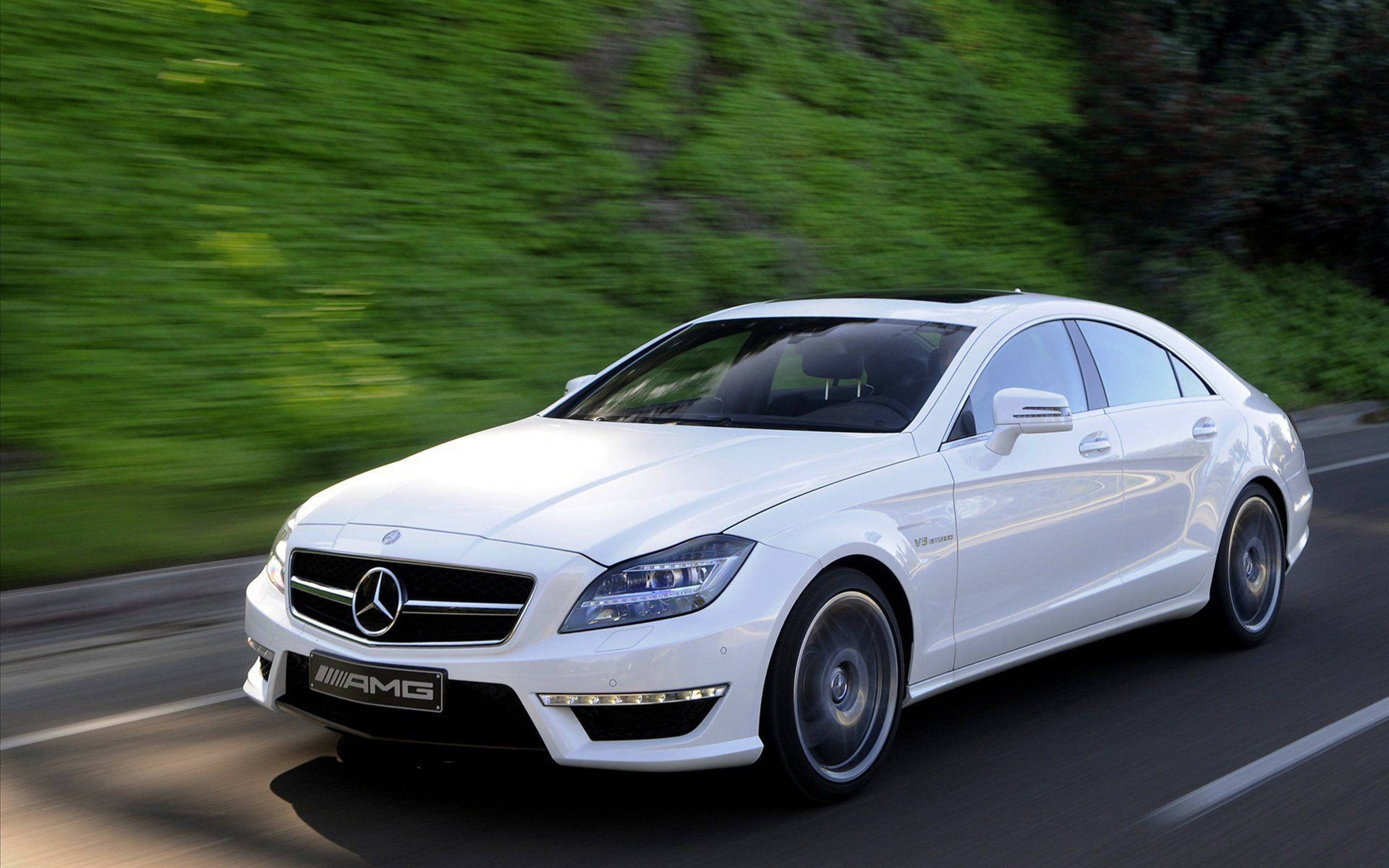 高清 桌布 壁紙 — 一輛時尚的白色Mercedes-AMG CLS Coupe在綠樹成蔭的道路上疾馳，樹影在運動中模糊掠過。