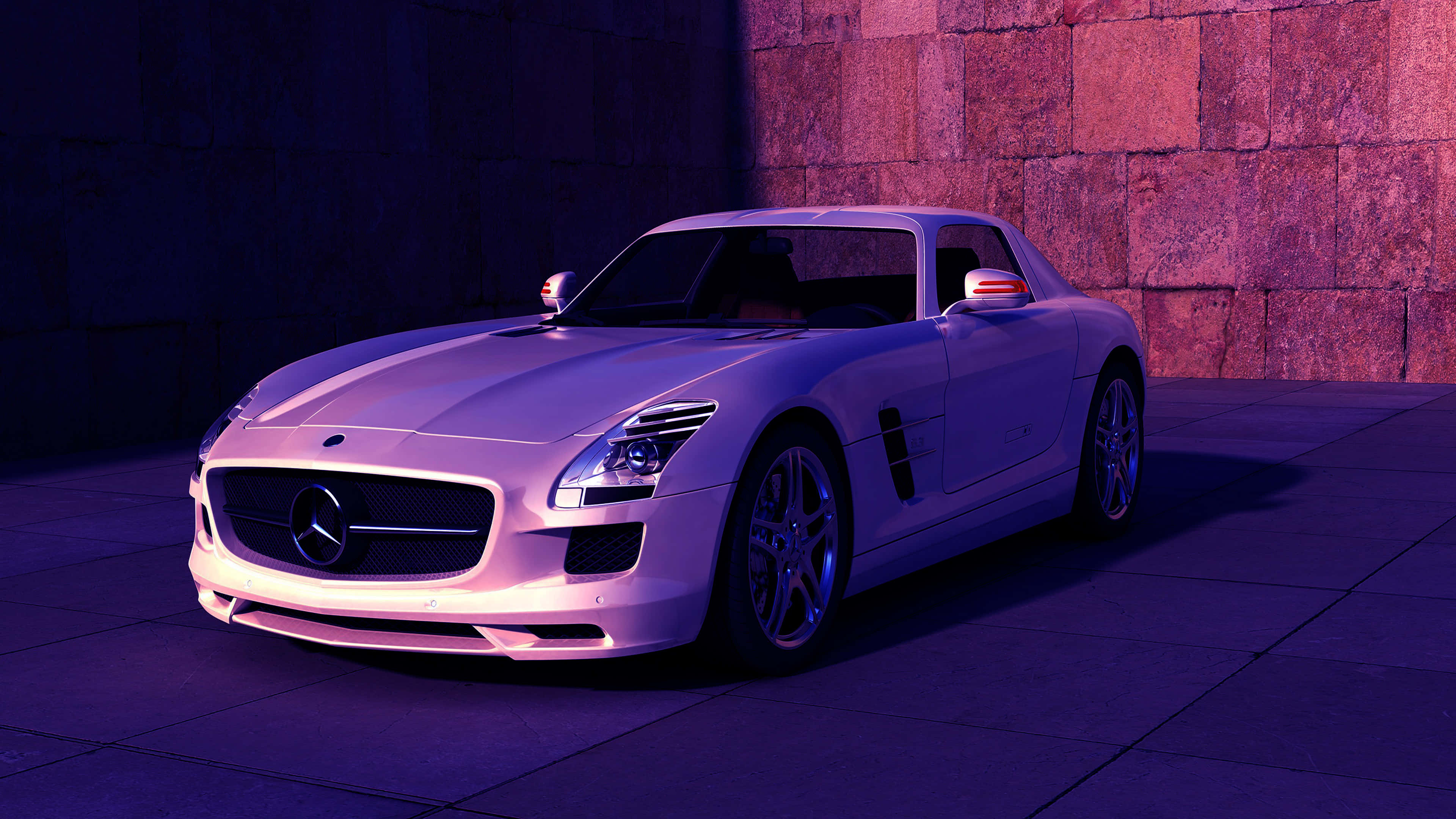 4K 奔馳壁紙 桌布 壁紙 — 一輛時尚的白色Mercedes SLS AMG跑車在夜間的石牆背景下，在紫色霓虹燈下閃耀。