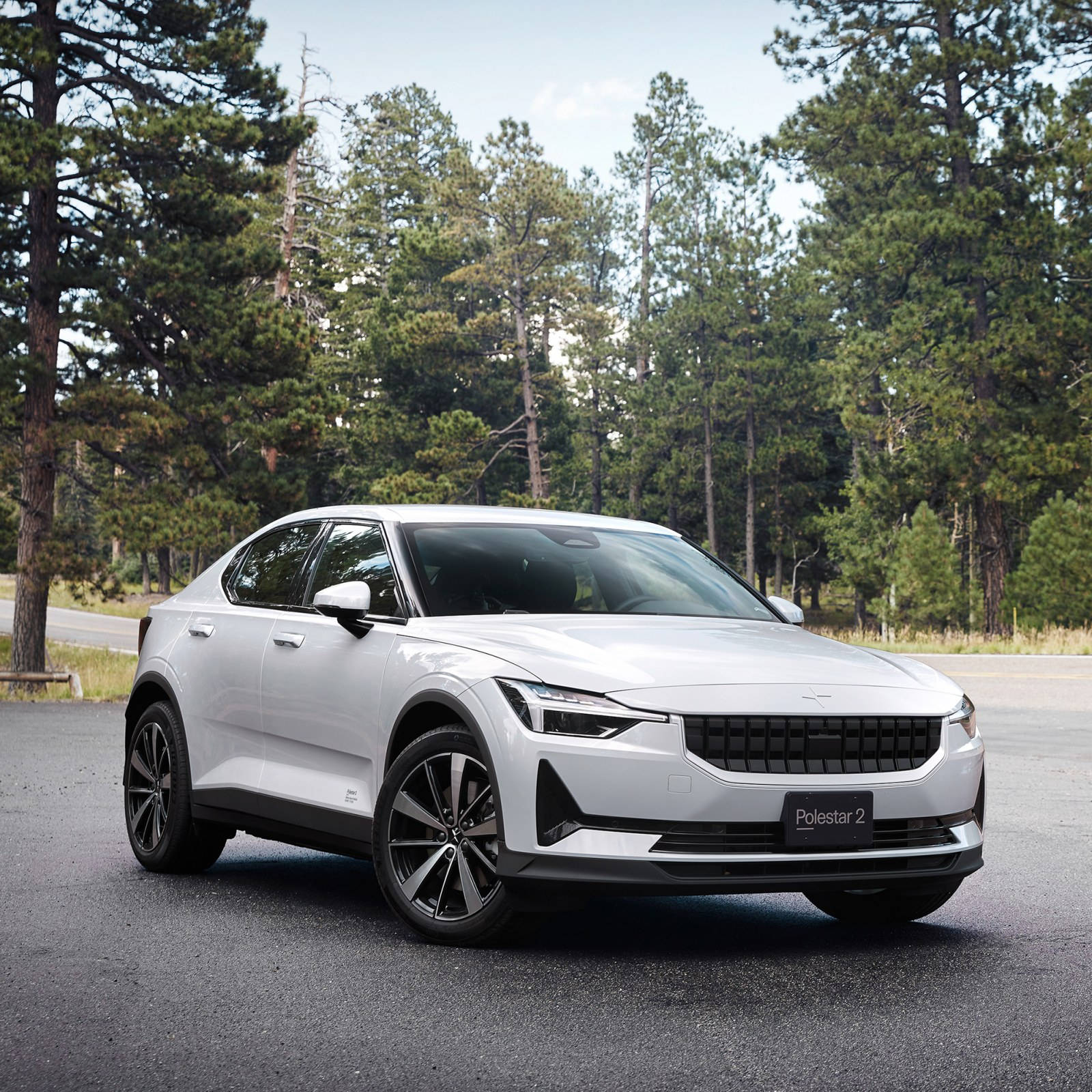 豪華車 桌布 壁紙 — 一輛時尚的白色Polestar 2電動車停在柏油路上，背景是高聳的松樹，天空明亮。