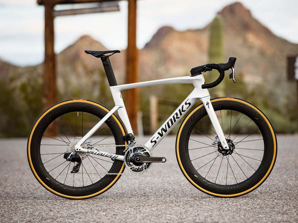 Bicycle 桌布 壁紙 — 一輛時尚的白色Specialized S-Works公路自行車配金色輪胎，在仙人掌和遠山的沙漠背景下屹立於碎石上。