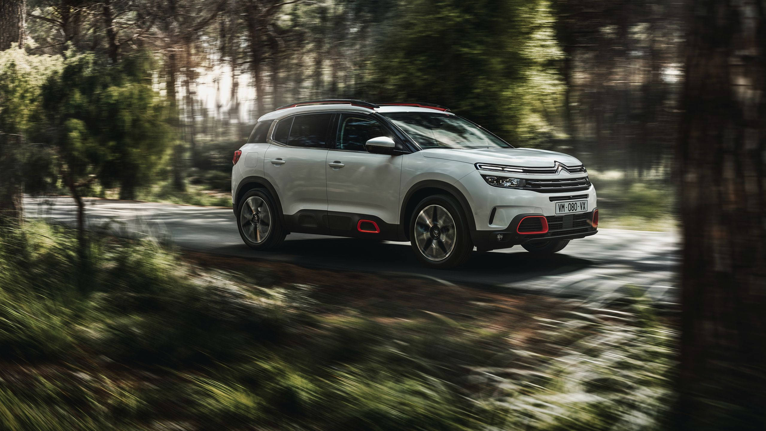 Citroen 桌布 壁紙 — 一輛時尚的白色SUV在森林道路上疾馳，周圍的樹木和綠植呈現動態模糊效果。