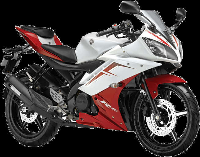 機車 桌布 壁紙 — 一輛時尚的白色和紅色Yamaha R15運動摩托車，帶有黑色裝飾和碟式煞車，在工作室燈光下展示。