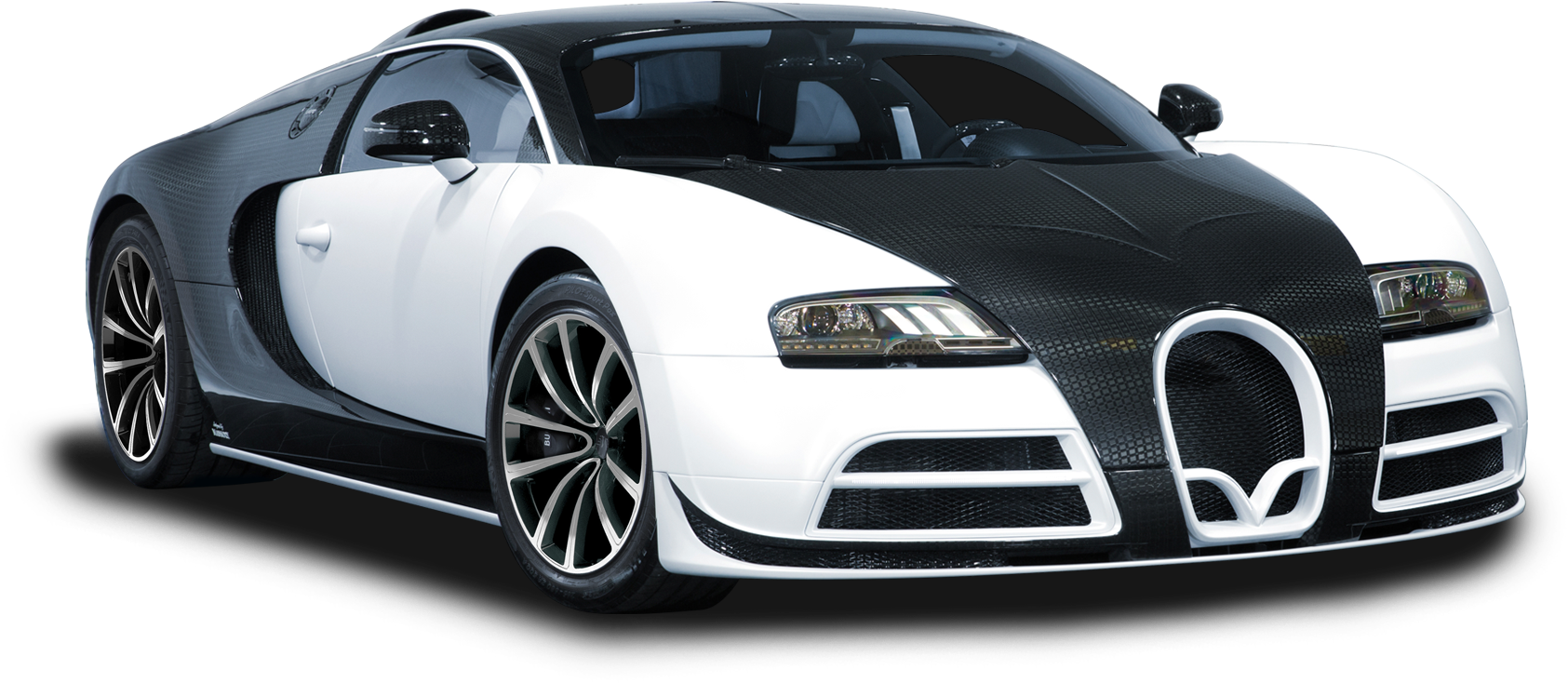布加迪 桌布 壁紙 — 一輛時尚的白色和黑色Bugatti Veyron跑車，帶有碳纖維飾邊和銀色輪圈，背景為黑色。