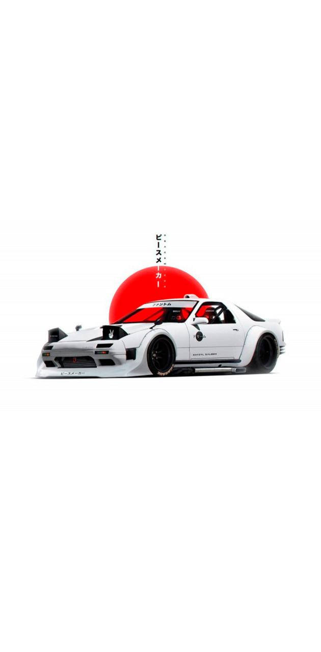 白色改裝跑車搭配黑色輪胎，位於紅色太陽圖案前。