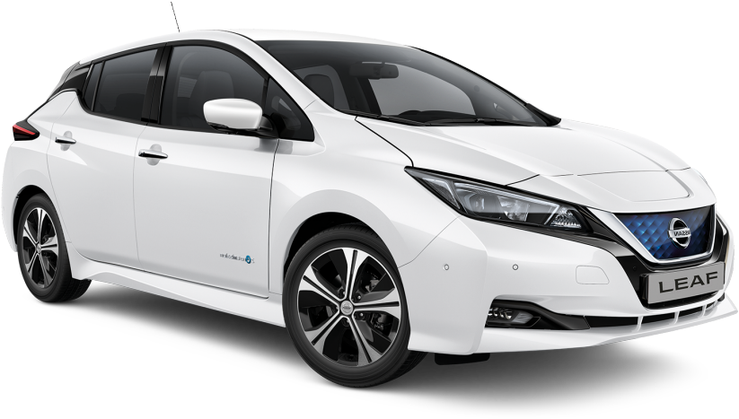 日產 桌布 壁紙 — 一輛時尚的白色日產Leaf電動車在黑色背景下的攝影棚燈光中展示。