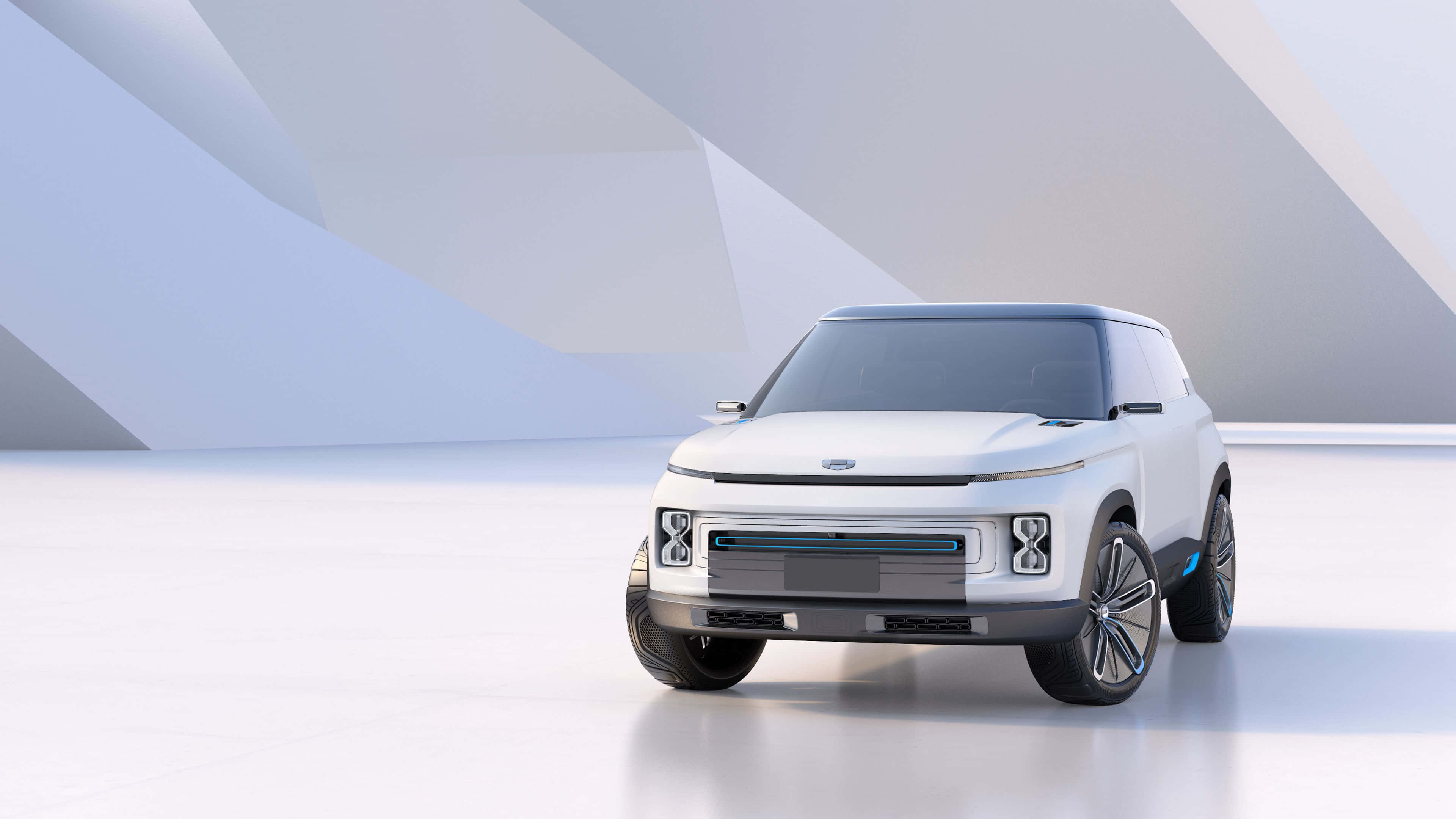 Geely 桌布 壁紙 — 一輛時尚的白色未來感SUV，帶有藍色發光裝飾，矗立在柔和燈光的極簡幾何工作室中。